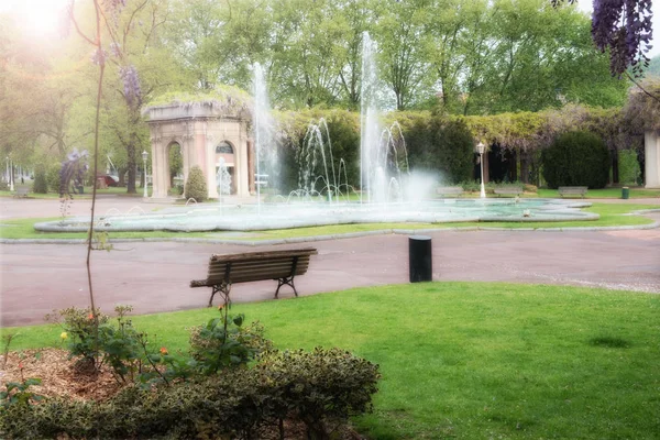 城市公园里的喷泉。阳光明媚的绿色夏季公园 — 图库照片