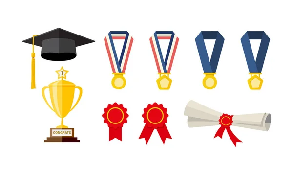 Iconos Modernos Planos Relacionados Con Graduación Toga Hat Education Certificados — Vector de stock