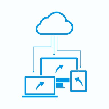 Medya dizüstü bilgisayar, bilgisayar ve tablet kullanarak bulut sistem teknoloji ile paylaşımını gösteren resim