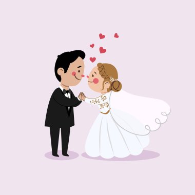 Smokin ve beyaz elbise giyen damat gelin ellerini tutar ve birbirlerine evlilik törenle seviyor