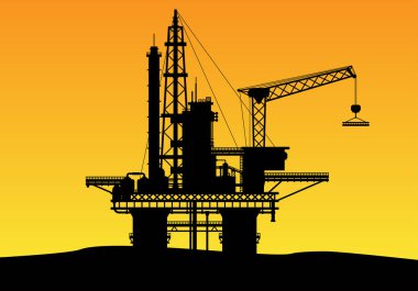 yüksek kuleleri ve vinç ile bir offshore petrol sondaj inşaat resimli siluet