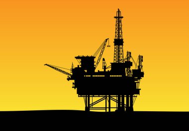 yüksek kuleleri ve vinç ile bir offshore petrol sondaj inşaat resimli siluet