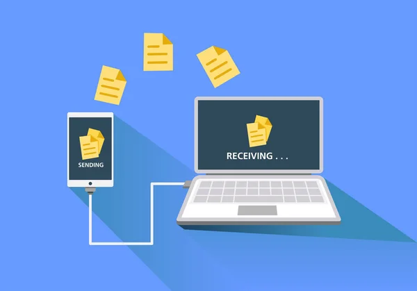 Illustrazione Piatta Dell Invio File Smartphone Dispositivi Portatili Uso Ufficio — Vettoriale Stock