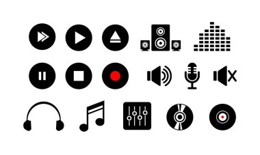 Multimedya müzik simgeleri koleksiyonu. Dijital ses oynatıcı uygulamalarının tasarım unsurları için uygun. Ses oynatıcının ayarları ve denetleyici düğmeleri.
