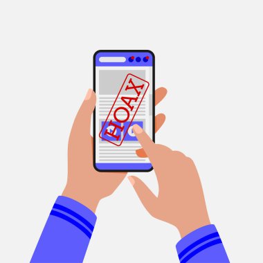 Bir akıllı telefon kullanıcısının sahte haberlere erişiminin vektör çizimi. Sosyal medya ve internet aracılığıyla paylaşılan sahte haberleri durdurmak için kampanyalar için uygun. Sahte haberlerin düz vektör illüstrasyonu.