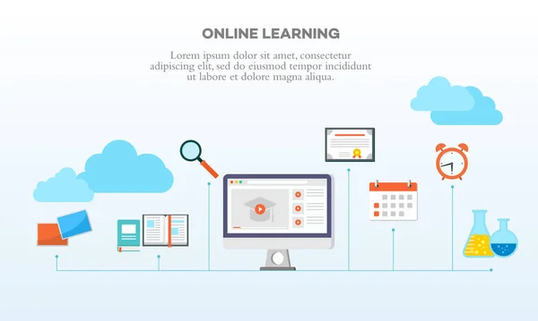 インターネットを用いたオンライン学習システムのベクトル図 距離学習 インターネット教育リソース オンラインクラスからの設計要素に適しています オンラインスクールのコンセプト — ストックベクタ