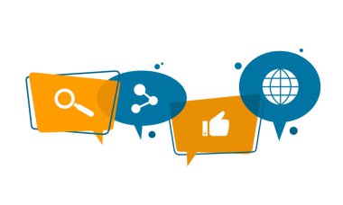 Birbirleriyle kesişen konuşma balonlarının vektör çizimi. Sosyal medyadaki etkileşimleri, viral bir konuyu tartışmayı, konuları tartışmayı ve internet ile etkileşim kavramını sembolize eder.