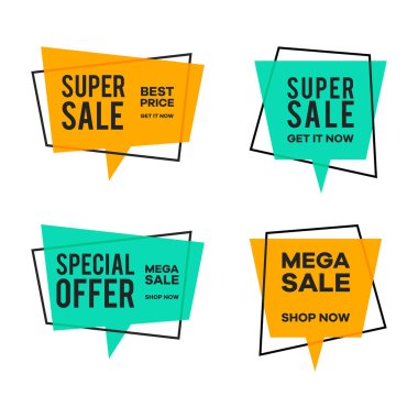 Alışveriş tanıtım pankartı setinin vektör illüstrasyonu. Mağaza reklamlarından, alışveriş merkezlerinden ve indirim tekliflerinden tasarım elemanları için mükemmel. Süper satış ve özel teklif afiş koleksiyonu.
