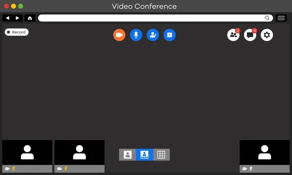 视频会议应用程序布局屏幕显示的矢量说明 非常适合视频网络研讨会 在线会议和视频呼叫技术等用户界面的设计元素 — 图库矢量图片