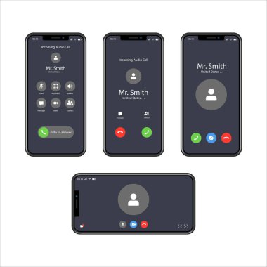 Akıllı bir telefon arayüzü ekranının vektör çizimi. Video aramaları tasarım konseptinden tasarım unsurları için uygundur. Video araması için akıllı telefon kullanıcı arayüzü kavramı.
