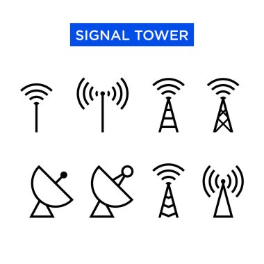 Icon set of signal tower. Suitable for design elements of telecom companies, telephony transmitting equipment, and cellular signal device. Radio antenna transmitter icon set. clipart