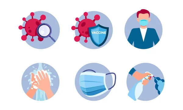 Corona virüsü kapmak için önleme tedbirlerinin vektör çizimi. Kampanyanın tasarım unsurları için ellerinizi yıkamak, maske takmak, mesafenizi korumak ve dezenfektan spreyi kullanmak için uygun..