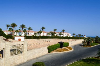 Manzara güzel bir tropik tatil köyü ile güzel bir beyaz bina, palmiye ağaçları, egzotik bitkiler, ağaçlar ve yeşil çimen, yol tuz deniz ve Mısır'daki mavi gökyüzü arka planı.