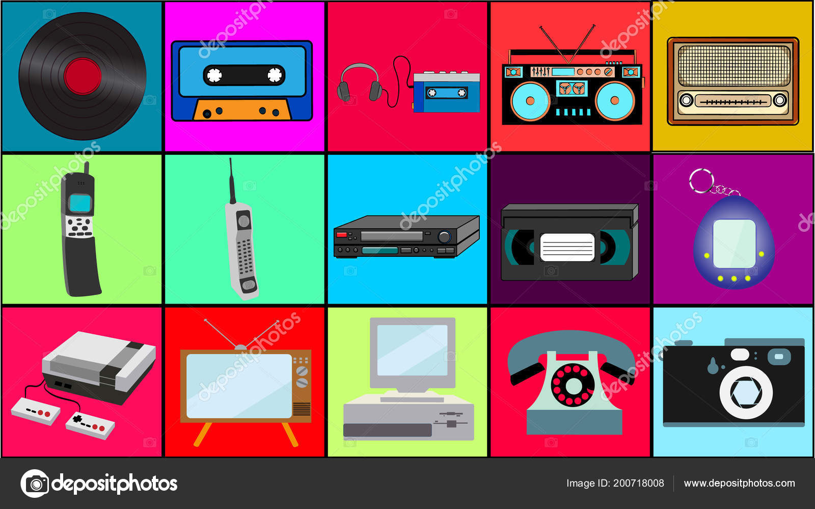 Retro Impressão De Música. Doodle Cassete Com Fita E Fones De Ouvido Estilo  Dos Anos 90. Jogador Musical E Registro Para Gramofone, Vintage Brilhante  Vector Pop Sem Costura Padrão Música Retro Doodle