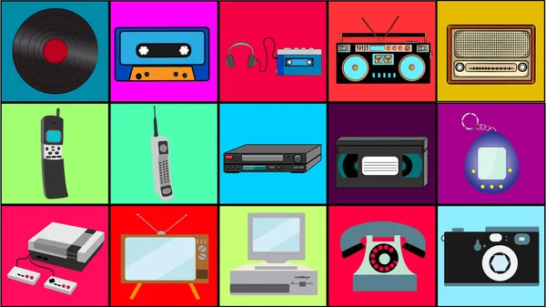 Eski retro vintage yenilikçi teknoloji ayarla, elektronik müzik vinil, ses ve video kaset kayıt cihazı Tv oyun konsol telefonu kamera ve 80 's, 90 's renkli arka planlar üzerinde oyuncu.