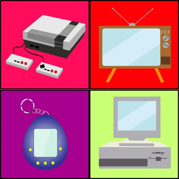 古いレトロなビンテージ アンティーク流行に敏感なアナログ技術 ビデオゲーム プレフィックスおよびポケット グッズ テレビ用電子機器および 年代のカラフルな背景からコンピューターのセット ベクトル図 — ストックベクタ