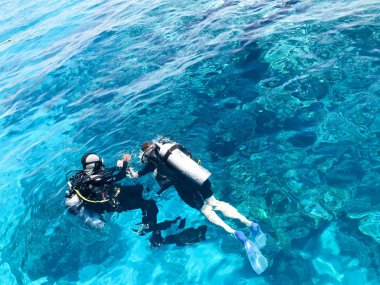 İki dalgıçlar siyah tüplü dalış takım elbise, bir adam ve bir kadın oksijen şişe ile lavabo şeffaf mavi su deniz, okyanus bir tropik cennet sıcak tatil altında.