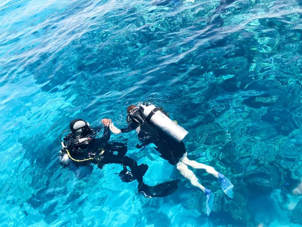 İki dalgıçlar siyah tüplü dalış takım elbise, bir adam ve bir kadın oksijen şişe ile lavabo şeffaf mavi su deniz, okyanus bir tropik cennet sıcak tatil altında.