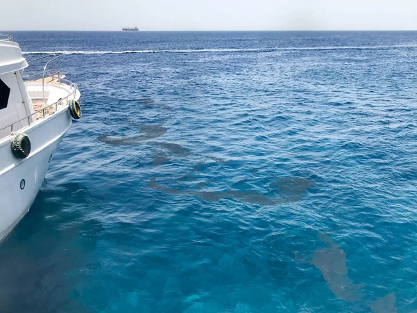 Yay, beyaz gemi yan ve su birikintileri, petrol sızıntıları, kirli sıvılar, mavi tuz deniz, tropik sahil beldesi okyanusta görünümünü