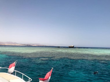 Büyük beyaz bir gemi, bir tekne gezisi turist liner bir mavi masmavi deniz, okyanus mavi gökyüzü karşı resifleri ile iki Mısır bayrakları ile.