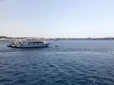 Büyük bir beyaz tekne, bir gemi, bir cruise liner tuz-mavi mavi masmavi denizin karşı bir tropikal sıcak Güney resort, okyanusun mavi gökyüzü karşı.