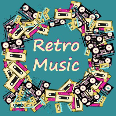 Bir eski hippi retro tekniği müzik müzik çalar bir 80 90 's ses kaseti ve kopya alanı, bir ses kayıt cihazı ve kulaklık ile yapılmış bir retro müzik çerçeve. Arka plan