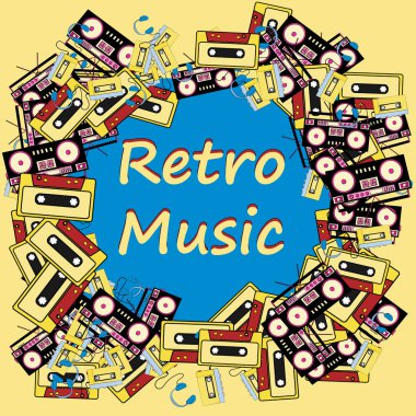 Bir eski hippi retro tekniği müzik müzik çalar bir 80 90 's ses kaseti ve kopya alanı, bir ses kayıt cihazı ve kulaklık ile yapılmış bir retro müzik çerçeve. Arka plan