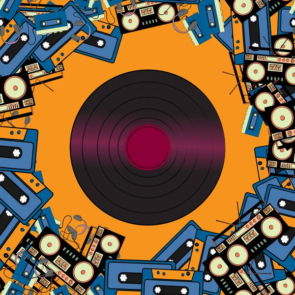 Υφή καρέ από ρετρό μουσικοί παλιά αρχαιοδίφη hipster ηλεκτρονικών συσκευών ήχου μαγνητόφωνα ακουστικές κασέτες και δίσκοι βινυλίου από 60s 70s 80s 90s. Εικονογράφηση διάνυσμα — Διανυσματικό Αρχείο