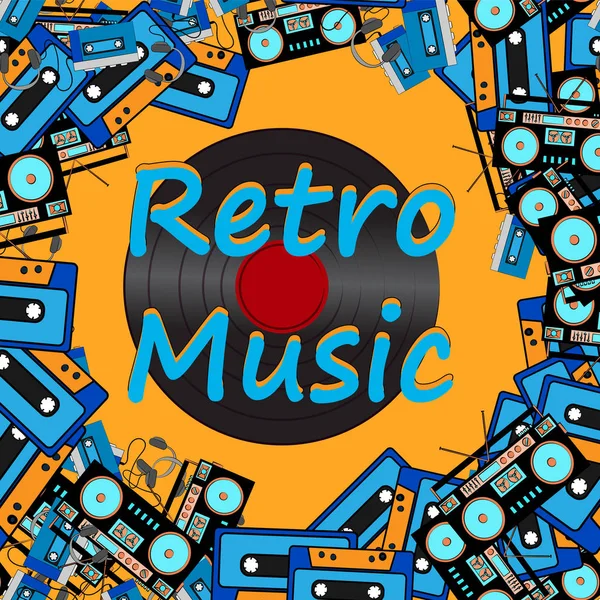 Texture frames inscription retro music from electronics appliances audio tape recorders audio cassettes and vinyl records from the 60s 70s 80s 90s. Ilustração vetorial —  Vetores de Stock