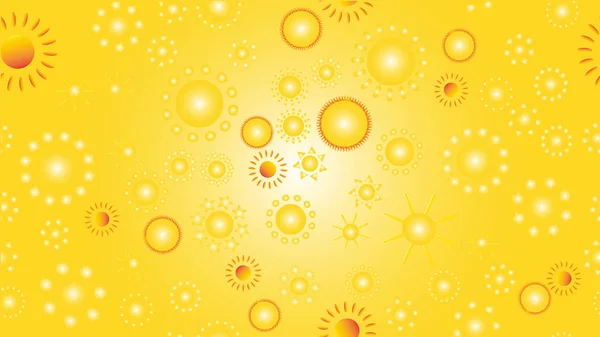 The texture of the pattern is seamless from a multitude of warm bright cheerful variegated beautiful hot suns of round with rays of different shapes. Vector illustration — Stock Vector