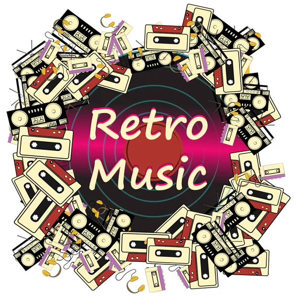 Texture frames inscription rétro music from electronics appliances audio tape recorders audio cassettes and vinyl records from the 60s 70s 80s 90s. Illustration vectorielle — Image vectorielle