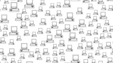 Doku, eski siyah beyaz retro hipster antika vintage bilgisayarlardan kesintisiz 80's 90 's dan kare monitör ile bir kalıptır. Arka plan. Vektör çizim