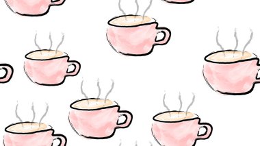 Buhar ile suluboya boya fırçası ile boyalı kupalar pembe bardak sıcak lezzetli canlandırıcı bir kolu ile seamless modeli siyah kahve doku. Vektör çizim