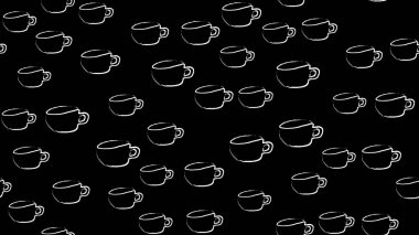 Kupalar Beyaz bardak siyah kahve çizilmiş olarak suluboya bir kalem ile Dikişsiz desen doku tebeşir siyah bir arka plan üzerine boyar. Vektör çizim
