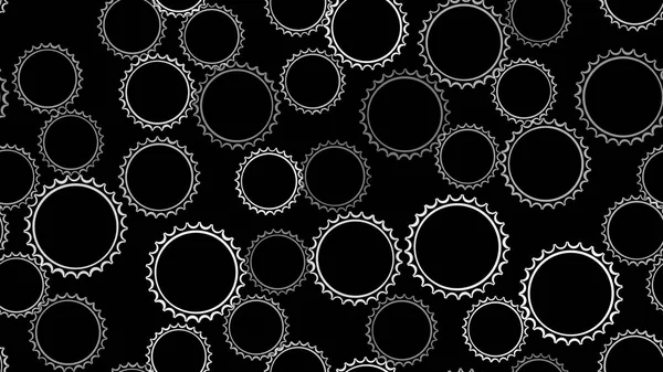 Текстура бесшовная картина белых круглых абстрактных резных металлических пивных колпачков с острыми краями для засорения пивных бутылок, используемых при пивоварении шестеренок на черном фоне. Векторная иллюстрация — стоковый вектор