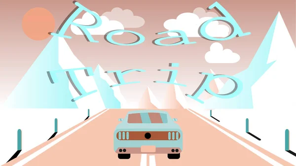 Un coche deportivo cabalga a lo largo de un camino de asfalto en las montañas nevadas. Viaje a las montañas en coche, viaje e inscripción viaje por carretera. Ilustración vectorial — Archivo Imágenes Vectoriales