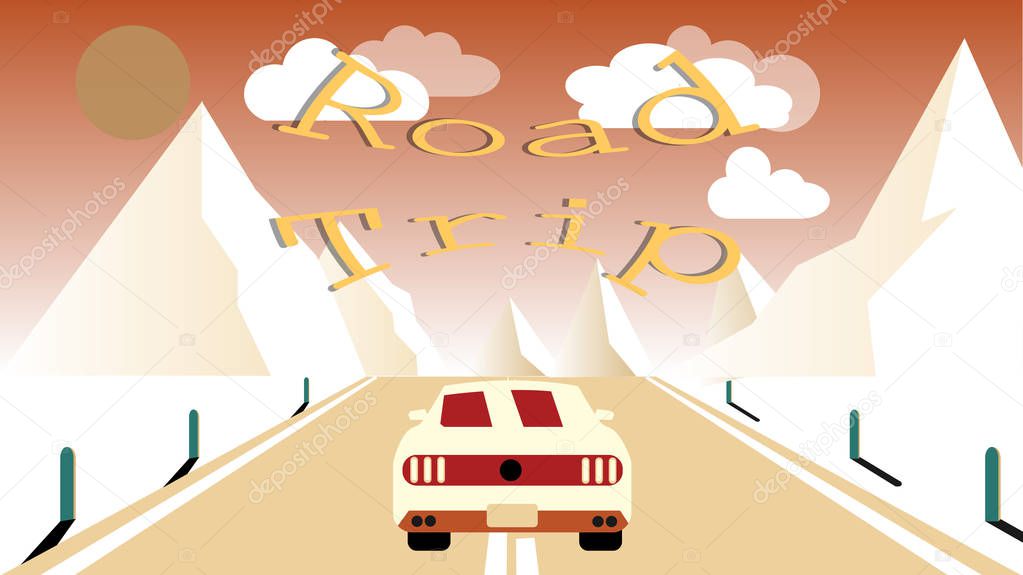 A sports car rides along an asphalt road into snowy mountains. Journey to the mountains by car, travel and inscription road trip. Vector illustration