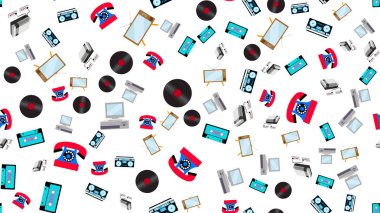 Doku eski seamless modeli olduğunu vintage retro elektronik teknoloji televizyon, bilgisayar, oyun konsolları, kaset kaset kaydediciler, Vinil kayıtlardan telefonları 70's, 80's, 90 's