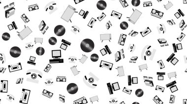 Doku eski seamless modeli olduğunu vintage retro elektronik teknoloji televizyon, bilgisayar, oyun konsolları, kaset kaset kaydediciler, Vinil kayıtlardan telefonları 70's, 80's, 90 's