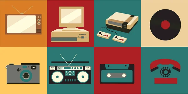 Eine Reihe von Ikonen der alten Retro-Elektronik, ein Kineskop-Fernseher, ein Kassettenrecorder, eine Schallplatte, ein Computer, eine Spielkonsole, ein Telefon, ein Photoapat aus den 70er, 80er und 90er Jahren — Stockvektor