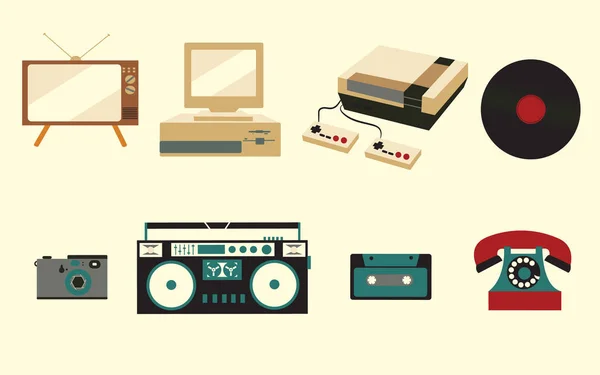 Eski vintage retro elektroniği, Tv, kadar zorlarım bir kaset ses kayıt cihazı, bir vinil kaydı, bir bilgisayar, bir oyun konsolu, bir telefon, bir photoapat 70 li yıllarda, 80s ve 90s simge kümesi — Stok Vektör
