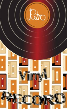 Müzikal ses eski bir vintage retro hipster antika vinil kayıt ve bir yazıt vinil kayıt arka planda 60'ın, 70's, 80's, 90 's ses kasetleri arka plan üzerinde var. Vektör