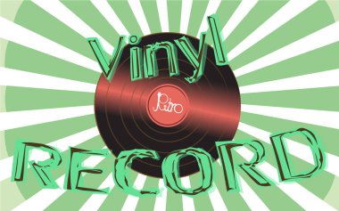 Müzikal ses eski bir vintage retro hipster antika vinil kayıt ve bir yazıt vinil kayıt arka planda 60'ın, 70's, 80's, 90 's soyut ışınlarının bir arka plan üzerinde var. Vektör