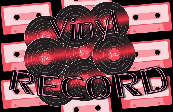 Muzikale audio is een oude vintage retro hipster antieke vinyl record en een inscriptie vinyl record op de achtergrond van de 60's, 70's, 80's, 90 's op de achtergrond van audiocassettes. Vector — Stockvector