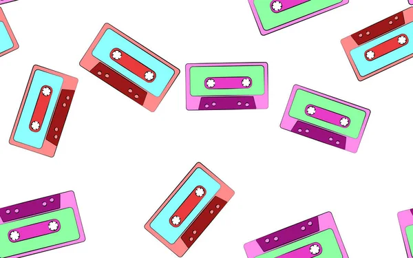 Textura inconsútil patten de antiguos retro hipster antiguos casetes de audio de películas musicales multicolores de los años 70, 80, 90. El fondo. Ilustración vectorial — Vector de stock