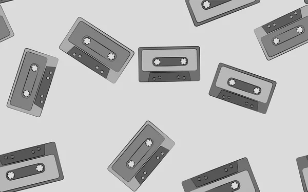 Texture seamless pattern of old vintage retro hipster antique black-and-white musical film audio cassettes from the 70's, 80's, 90's. The background. Vector illustration — Stock Vector