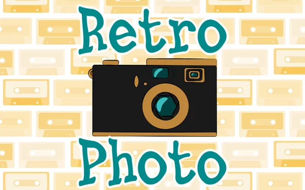 Стара старовинна ретро-гіпстерська антикварна камера і напис ретро фотографія 70-х, 80-х, 90-х років на тлі сонячних променів. Векторні ілюстрації — стоковий вектор