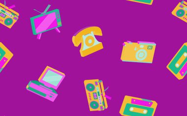 Doku seamless modeli üzerinden eski vintage retro hipster şık elektronik aletleri ev aletleri 70 li, 80'li 90'lı yılların için. Arka plan. Vektör çizim. Disko poster