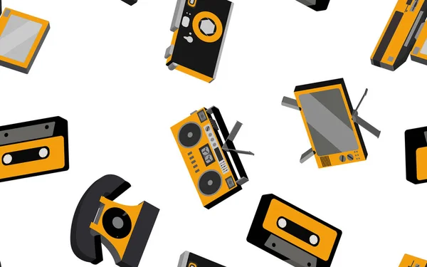 Textur nahtlose Muster von alten Retro-Hipster stilvolle Elektronikgeräte zu Haushaltsgeräten 70er, 80er, 90er Jahre. Hintergrund. Vektorillustration. Disco-Plakat — Stockvektor
