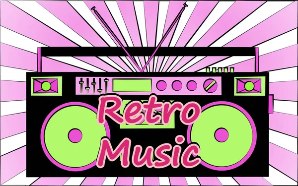 Velho vintage retro hipster música elegante gravador de fita de áudio para audiocassetes dos anos 70, 80, 90 e uma música retro inscrição. O pano de fundo. Ilustração vetorial. Cartaz de disco — Vetor de Stock